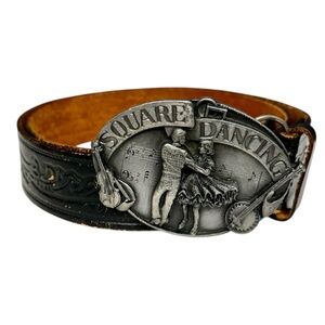Vintage Siskiyou Black Distressed Leather Belt with Pewter Square Dancing Buckle